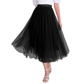 Women’s Tulle Skirts Midi Elastic High Waist Pleated Mesh Flowy A-Line Party Long Tutu Skirt