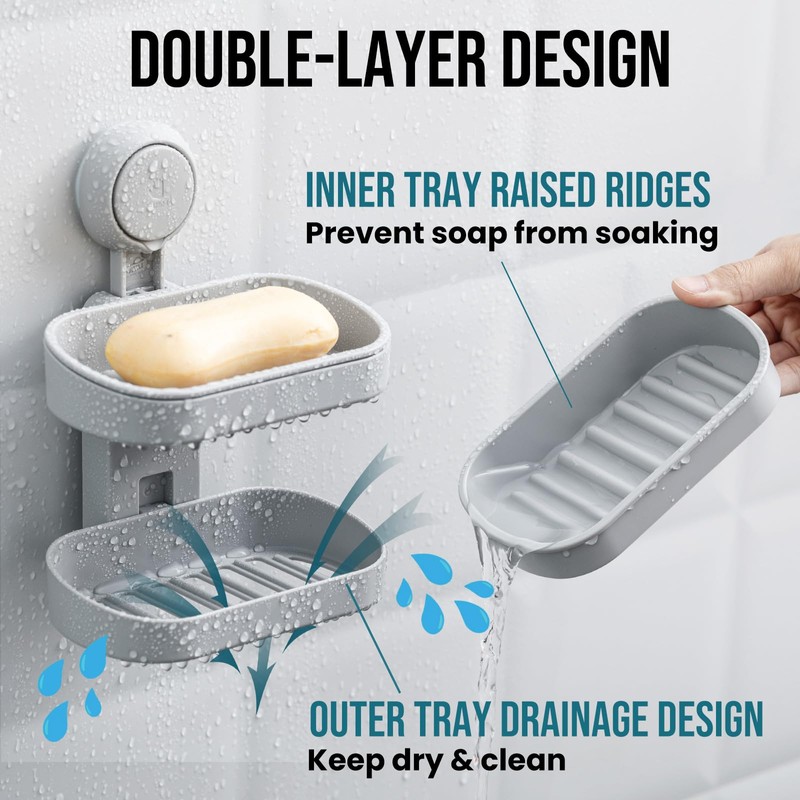 TAILI Double Layer Soap Dish Holder Suction Cup, Strong Sponge