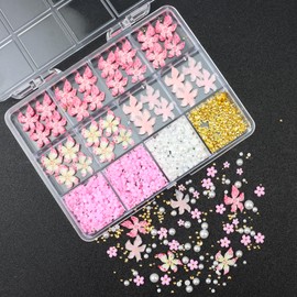 VOTACOS 300+PCS 3D Flower Nail Charms, Nail Gems White Flatback Nails Pearls Rhinestones Charms for Nails Art Design Decorations (Pink)
