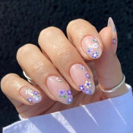 Blue Flowers Press on Nails Almond Fake Nails Medium Glue on Nails Light Nude Translucent Nails Press ons Spring Acrylic Simple Glossy Stick on Nails for Women 24 Pcs