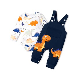 BAVADER Baby Boy Clothes 12 18 Months Boy Clothes Dinosaur Romper Adjustable Overalls Baby Boy's Clothing Infant Boys Clothes 2PCS Outfits Fall Winter Spring Dark Blue Snap Closure
