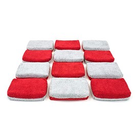 Autofiber [Saver Applicator Terry] Ceramic Coating Applicator Sponge | 12 Pack | with Plastic Barrier to Reduce Product Waste. (Red/Gray, Thin)