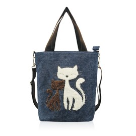 AfitLulu Canvas Tote Bag for Women with 4 Pockets and Removable Shoulder Strap, Cat Women Shoulder Bag Small Handbags with Zipper and Inner Pocket for Work Shopping Travel (Blue)