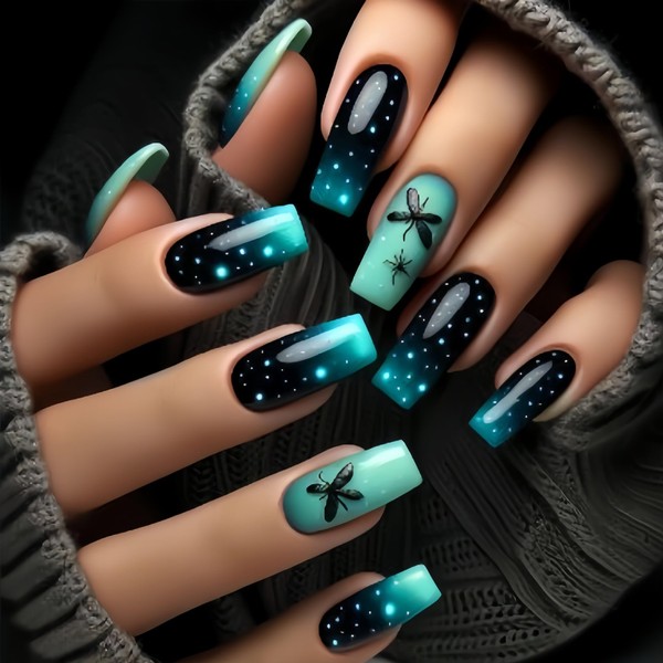 Coffin Green Press on Nails Medium Long Fake Nails with