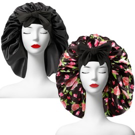 PLMMOUT 2Pcs Satin Silk Bonnets for Women,Hair Bonnet with Tie Band,Silk Bonnet Sleeping Cap for Curly Hair (Black&Black Flower)