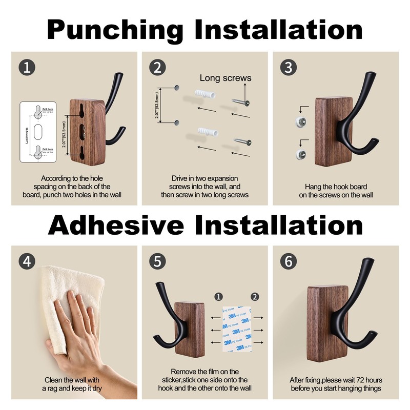 4 Pack Walnut Wood Wall Coat Hooks for Hanging, Adhesive