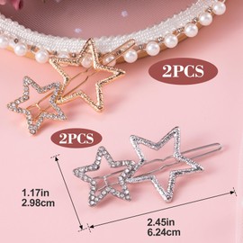 Mxxipp 4pcs Star Hair Pin for Women, Sparkly Rhinestone Crystal Hairstyle Bang Clips, Non-Slip Hollow Barrette Accessories for Long Short Straight Curly Hair- Gold & Silver