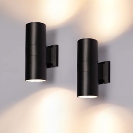Lampara de Pared Exteriores LED, HORKEY Aplique de pared Negro Impermeables IP65 3000K 12W Lámparas, Aluminio Mate, Para Puerta de Entrada, Patio, Terraza, Pasillo, Porche, Poste, Garaje, Luz Blanca Cálida, Paquete de 2