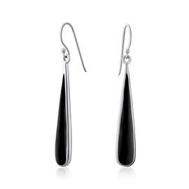 Simplistic Boho Fashion Black Onyx Inlay Long Flat Teardrop Shaped Dangle Earrings For Women Teen .925 Sterling Silver Fish Hook Wire Threader