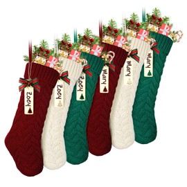 LIBWYS Knit Christmas Stockings with Name Tags, 6 Pack 18" Large Cable Xmas Stockings Classic Burgundy Red, Ivory White, Green Chunky Hand Stockings