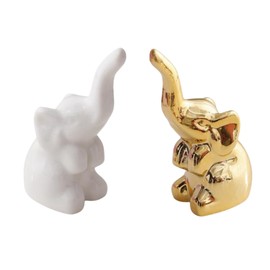 NYSCURE Elephant Ceramic Statue Figurine - Mini Decor Accent for Shelves, Coffee Tables, and Living Room Sculpture Gold and White 1 Pair