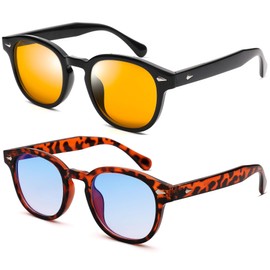 GLARDEFE Retro Round Sunglasses For Men Women - Vintage Circle Tinted Sun Glasses(Black/Orange + Leopard/Gradient Blue)