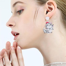 MALOYANVE Christmas Animal Earrings for Women Cute Acrylic Dinosaur Cat Raccoon Yak Alpaca Koala Dangle Stud Earrings Joy Holiday Jewelry (White Cat)