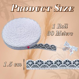 30M White Lace Ribbon Roll - 1.5cm Wide Delicate Lace Trim for Sewing, Wedding Decor, Flowers, Gift Wrapping & DIY Crafts, Vintage Pattern Wrinkle-Free Fabric