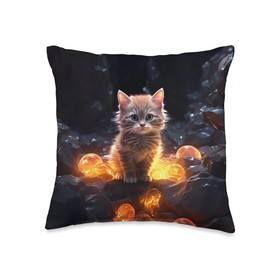 Cute Yellow Cat Witchy Crystal Kawaii Big Vintage Eyes Throw Pillow
