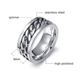 MMTTAO Men's Spinner Fidget Rings Chain Rotation Ring for Men Women 8MM Stainless Steel Intertwine Rings Motorcycle Biker Bicycle Chain Ring Punk Rock Bands Male Jewelry Gift for His, Silver, Size 11