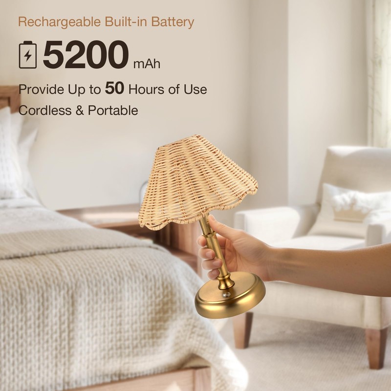 Folux Mini Cordless Boho Rattan Table lamp, 5200-mAh Rechargeable Battery,