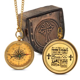Antique Brass Locket Compass with Leather Case – “for I Know The Plans Jeremiah 29:11” Engraved – Gifts for Anniversary, Wedding, Commuion, Retirement, Baptism, Christian Keepsake for Mens, Husband
