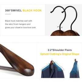 TOPIA HANGER Set of 6 Beautiful Coat Suit Jacket Wood Wooden Hangers, Premium Retro Finish with Extra-Wide Shoulder- 360° Black Hooks & Anti-Slip Bar CT02A