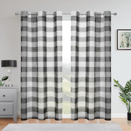 Black White Buffalo Plaid Sheer Window Curtain Panels 84 Inches Long,Rustic Voile Linen Textured Drape,Farmhouse Grid Grommet Top Window Treatment for Bedroom Living Room(2 Panels,40"x84",Black White)