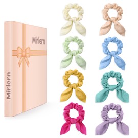 Mirlern 8-Piece Bows Satin Hair Scrunchies for Women and Girls, Bunny Ears Elastic Hair Ties No Damage Ribbon Ponytail Holders Hair Accessories(Multicolor)