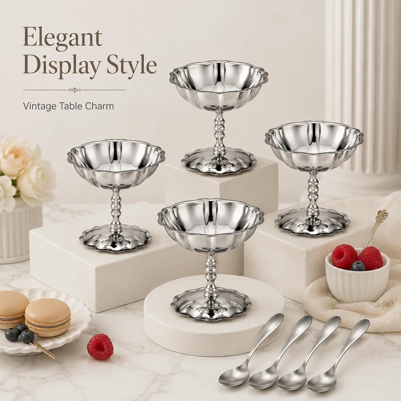 4 Pcs Ice Cream Cups Set with Spoons, Vintage Stainless