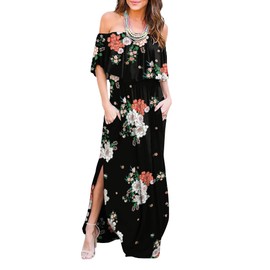 Womens Off The Shoulder Ruffle Party Dresses Side Split Beach Maxi Dress Flower03 XS