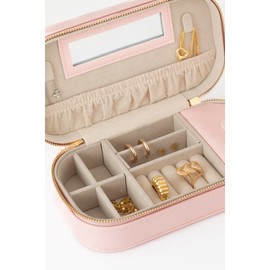 Crafted Living Pink Elegant Oval Jewelry Travel Case | Zip-Closure Jewelry Box with Mirror, Slots for Pendants, Bracelets, Rings & Earrings, Complimentary Dust Bag
