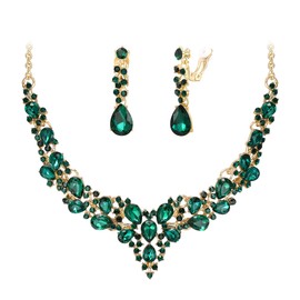 BriLove Flower Maids Bridal Jewelry Clip-on Earrings Sparkling Austrian Crystal Teardrop Cluster Statement Necklace Set for Wedding Prom Emerald Color Gold-Tone