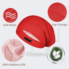 OLESILK Silk & Cotton Jersey Hat Lightweight and Soft Slouch Beanie Reversible Hat Knitted Hat Unisex Adjustable for Men and Women, red