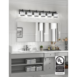 VOLISUN Crystal Vanity Lights for Bathroom, 6 Light Bathroom Vanity Light, Modern Matte Black Bathroom Light Over Mirror, Black Bathroom Light Fixtures-UL Certificated(Exclude Bulb)