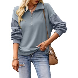 SHEWIN Womens Sweatshirt Casual Long Sleeve Fall Tops Trendy V Neck Quarter Zip Pullover Women Sweatshirts Solid Loose Lapel Zipper Hoodies,US 12-14(L),Stone Blue