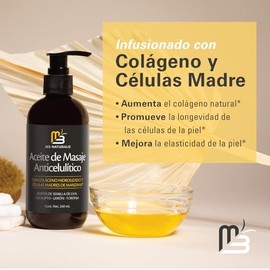 M3 Naturals Aceite Corporal Anticelulítico para Masaje, 240 ml | Reafirmante e hidratante; Infusionado con colágeno y células madre; suaviza e hidrata