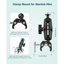 Starlink Mini Mount, Adjustable Clamp Mount for Starlink Mini Accessories with Starlink Mini Tripod Mo UNT Adapter 1/4-20 Threaded and 1/4" Swivel Mini Ball Head for RV Ladders Campers Guardrails