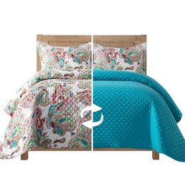 Elegant Comfort 3-Piece Boho Quilted Reversible Floral Paisley Bedspread Coverlet Set with Pillow Shams, Premium Stitching All Season Heavy Weight-Ultra Soft Luxury Quilt- Twin XL, Turquoise