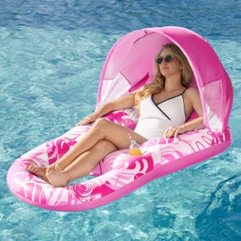 Sloosh Inflatable Pool Floats Lounger Adult, Pool Lounge with Canopy Raft Floaties Water Floating Recliner Chair with Cup Holders Foot Rest Swimming Floaty
