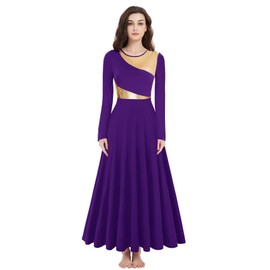 ZYACTU Long Sleeve Praise Dance Dress for Women Metallic Liturgical Worship Dance Costumes Lyrical Costume Church Robe Tag M-Dark Purple