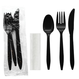 Party Essentials Individually Wrapped Plastic Cutlery Packets/Silverware Kits, Black Fork/Spoon/Knife/Napkin, 100 Sets