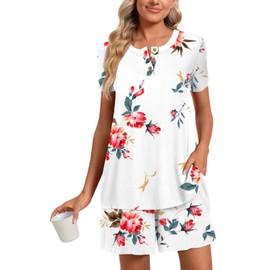 syoss Women's Pajamas Sets, Summer Casual Short Sleeves Henley Round Neck Button Down Tunic Top with Comfy Shorts, Loungewear Sleepwear 2 piece Ladies Pjs Sets with Pockets 3XL, Floral White