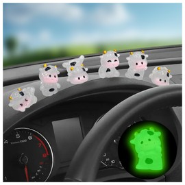 6 Pack Car Luminous Cow Dashboard Decor, Cute Calf Cars Rearview Mirror Ornament with Sheer Blush, Automotive Interior Accessories for Women Men (Clear Shy Cow, S)