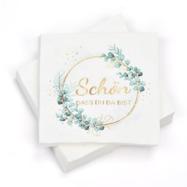 Pack of 100 Serviettes Schön Dass Du Da Bist, Serviettes Wedding Birthday Eucalyptus 3-Layer Napkins Eucalyptus Napkins Sage Green Christening Communion Table Decoration 33 x 33 cm