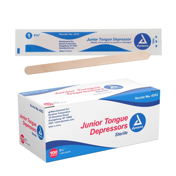 Dynarex Tongue Depressors, Sterile, 5.5" Junior-Sized Length, For Mouth Checkups, Crafts, or Waxing, Made from Beige Birch Wood, Comes in Boxes of 100, 1 Case of 1000 Dynarex Tongue Depressors