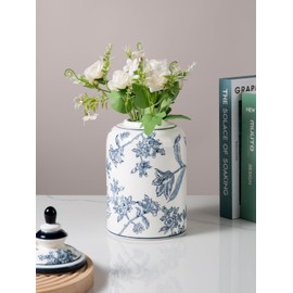 Magclay Blue and White Ginger Jar for Home Decor, Chinoiserie Vase Decor, Ceramic Decorative Jars with Lid, 10x5 Inch, Flowers and Branches
