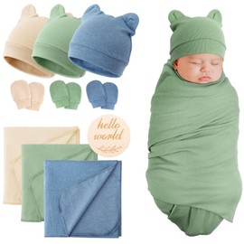 DRESHOW BQUBO 3 Sets Cotton Baby Swaddle Blankets Swaddling Wrap with Hats Mittens Newborn Soft Silky Nursery Receiving Blanket Cute Bear Ears Hat Elastic Gloves Set for Unisex Baby 0-3 Months