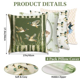 Ohmique 4 Pack Mallard Duck Pillow Cover - Mallard Duck Decor Farmhouse Rustic Hunting Pillow Cover Decor for Nursery Living Room Bedroom Sofa Cottage Home Hunting Gifts