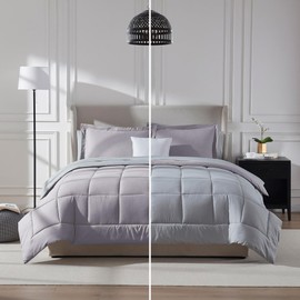 7 Pcs Reversible Bed in a Bag Set Two Tone Lightweight Comforter Set Cal.King Size Diamond-Pattern Stitching | Gray Purple Lavender Color All Seasons Aesthetic Bedding Farmhouse Hotel Luxury Look