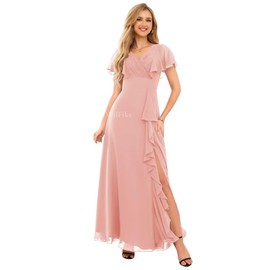 WilFiks Flowly Chiffon Pleated Junior Blush Pink Bridesmaid Dress 2025 Ruffle Sleeves V Neck Slit A-Line Long Formal Wedding Guest Outfit for Women US4