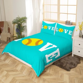 Softball Bedding Set for Softball Lover Ball Sports Theme Comforter Cover Set Girls Women Bright Teal Yellow Room Decorative Duvet Cover Girly Bedspread Cover Twin Size 2Pcs Bedclothes