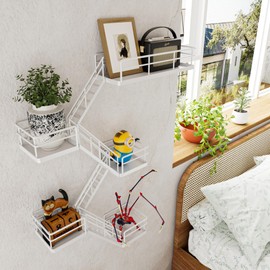 Fire Escape Shelf - 5 Tier Metal White Fire Escape Wall Shelf with Baskets, New York Action Cool Figurine Display Shelf, Unique Floating Decorative Wall Shelves for Bedroom, Bathroom, Living Room