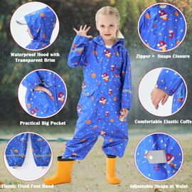 Fewlby Kids Toddler Rain Suit for Boys Girls One Piece Hoodie Zipper Cartoon Waterproof Coverall Rain Jacket 1-10 Years M Size